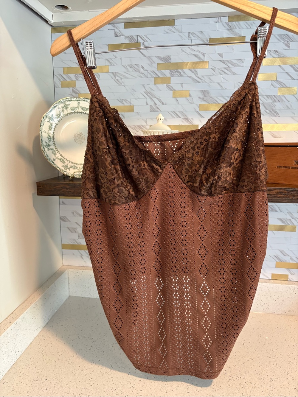 SHEIN Brown Lace-Trim Eyelet Camisole